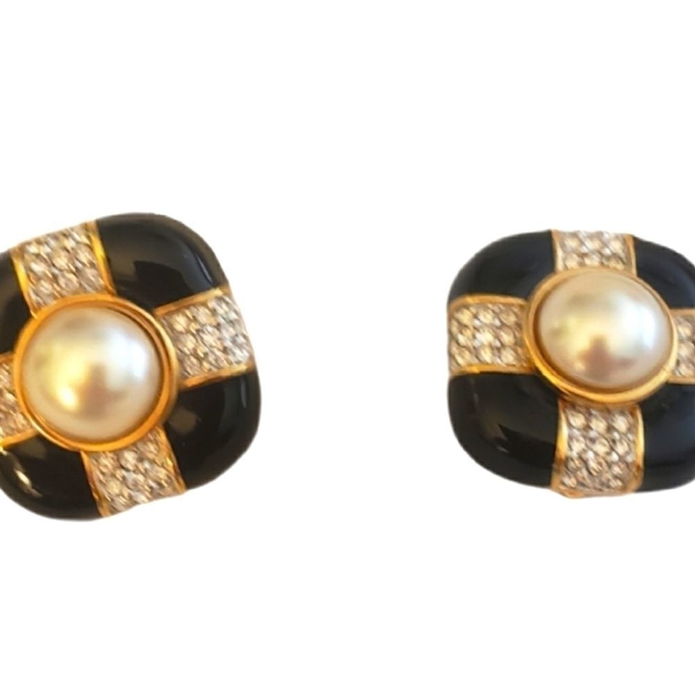 Swarovski Crystal Pearl Enamel Earrings | Black & Gold | Clip-On